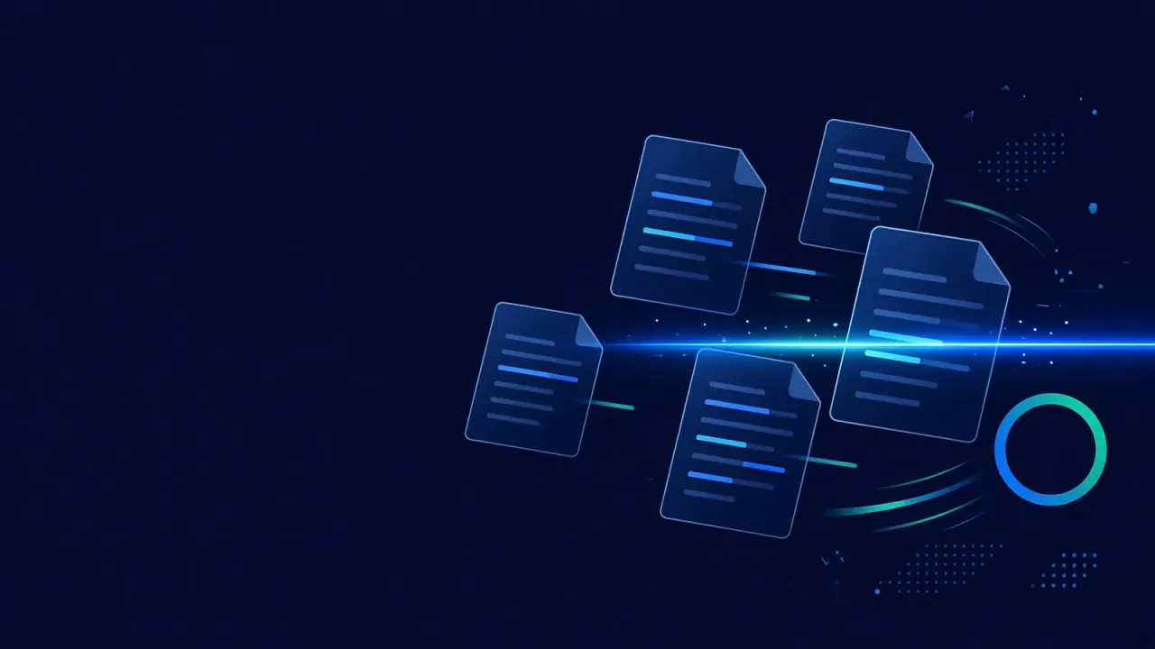 Abstract illustration of floating document pages with highlighted lines being swept by a glowing blue scanning beam, with a teal and blue ring nearby, on a dark navy background.