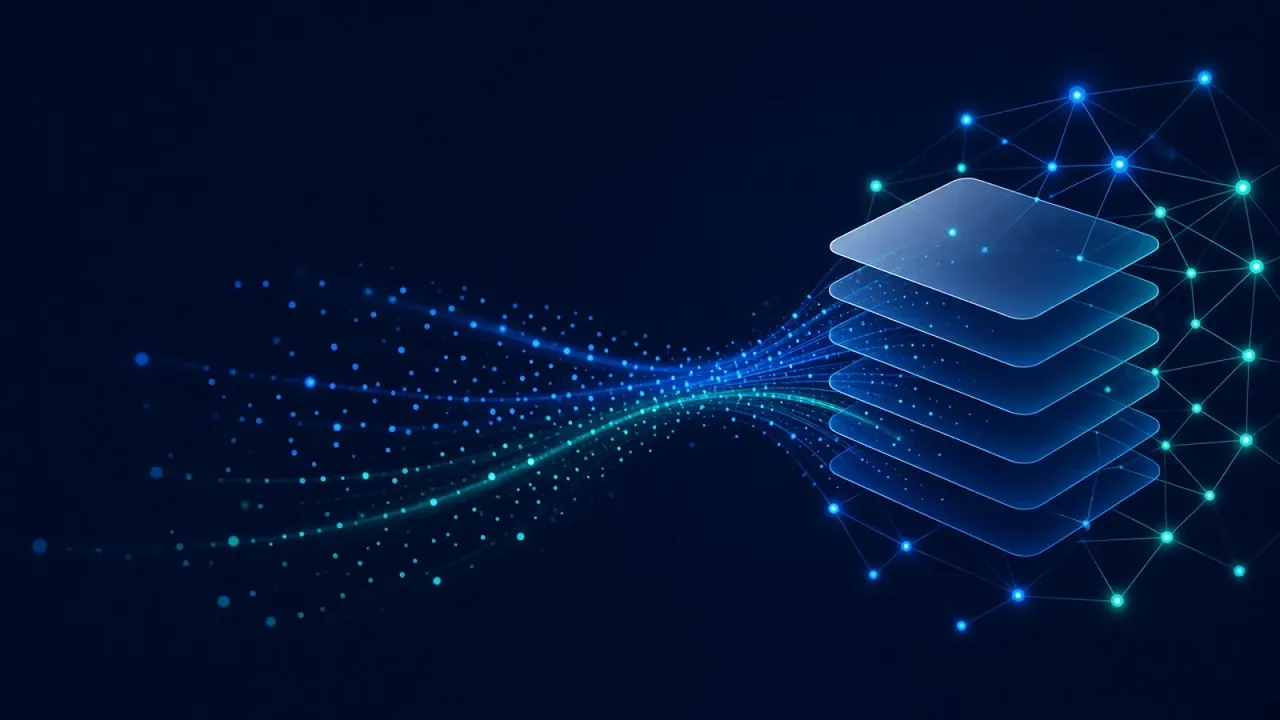 Abstract illustration of blue and teal light particles streaming into a stack of translucent panels inside a network of glowing connected nodes, on a dark navy background.